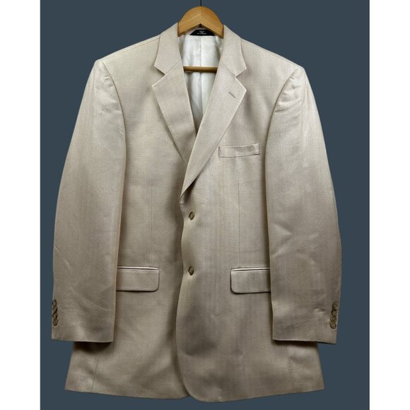 Haggar Black Label Blazer Mens 44L Beige 100% Silk Herringbone Sport Coat Luxury - Picture 1 of 9